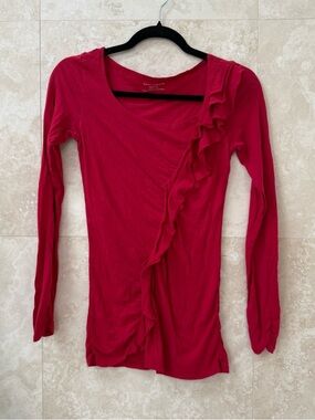 DKNY Jeans Red Asymmetrical Ruffle Long Sleeve Scoop Neck Medium EUC